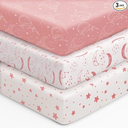 Unnivoll Baby Crib Sheets for Boys Girls, 28x52x8in Fitted Crib Sheet Neutral 3 Pack for Standard Crib and Toddler Mattress, Breathable Soft Microfiber Baby Sheet Pink White Moon