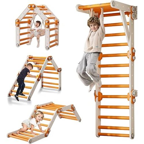 Toddler Climbing Toys,Kids Pikler Triangle Set,Montessori Indoor Play Gym,Multifunction Foldable Indoor Climbing Gym for Kids(Orange)