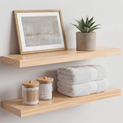 24 inch Natural Floating Shelf, High End Solid Real Wood 24inch Small Floating Shelves for Wall Mounted, Natural Wooden Floating Shelves, Heavy Duty Bracket, 24 X 6.5 X 1.75 in, Set of 2