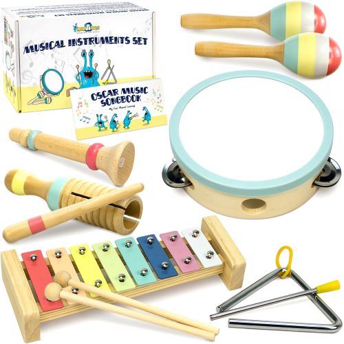 MINIARTIS Baby Musical Instruments - Wooden Percussion Set, Boho Colors, Montessori Toys for Toddlers 1-3 with 15 Songbook, Model MA8MS