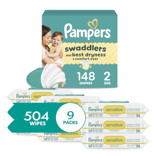 ampers Swaddlers Diapers, Size 2 (10-22 lbs), 148 Count, Pampers Sensitive Baby Wipes, 504 Wipes Total (6X Flip-Top Packs) [Packaging May Vary]