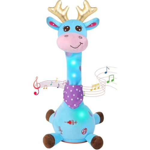 MILGEI Dancing Talking Giraffe Toy, Singing Musical Tummy Time Baby Toy with Volume Adjustment, 10 Children's Songs Light Up Toys, Repeating What You Say, Blue Giraffe Stuffed Animal for Girls Boys
