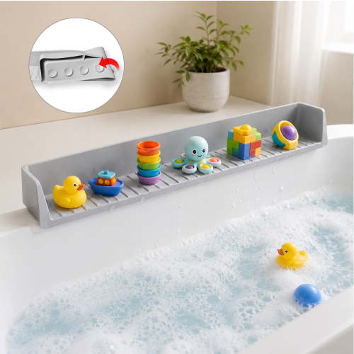 Everkeen 31.5" Bathtub Splash Guard & Bath Toy Organizer, Soft Flexible Tub Edge Shelf with Strong Suction Cups for Bath Toys,Gray