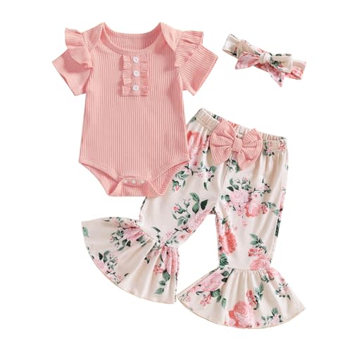 MERSARIPHY Baby Girl Bell Bottom Outfit Infant Newborn Western Summer Clothes Short Sleeve Ruffle Romper Tops Flare Pant Set