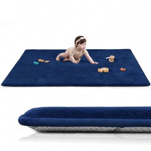 Huloo Sleep Baby Play Mat for Floor,50"×65" Playpen Mat for Toddler,Infant,Kids,1.3" Thick Elasti Foam Non-Slip Nursery Rug, Water Repellent Soft Padded Floor Mats for Tummy Time, Crawling(Dark Blue)