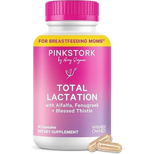 Pink Stork Total Lactation Supplement for Breast Milk Supply, Organic Fenugreek and Alfalfa to Support Breastfeeding, Milk Flow, and Production, Postpartum Essentials - 60 Capsules