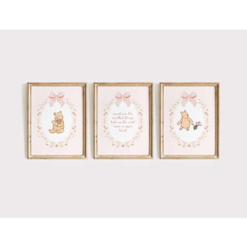 Pink Classic Winnie the Pooh floral coquette bow quote nursery room wall art Winny the Pooh set of 3 digital download Baby girl decor