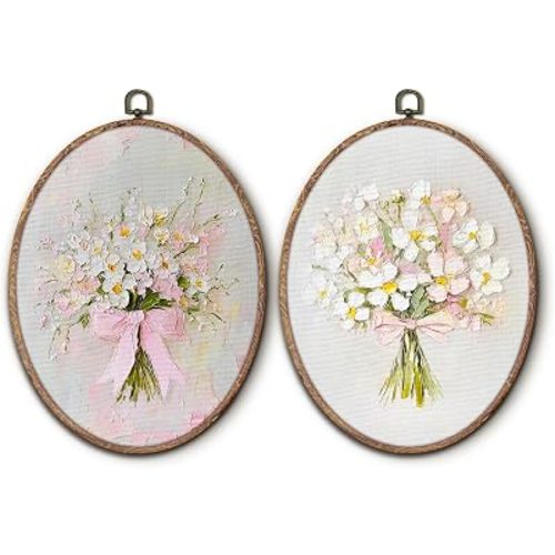 Hxlac Coquette Pink Bow Floral Bouquet Oval Wall Art Framed Set of 2, White Floral Oval Wall Decor, Vintage Wildflower Hanging Canvas Prints Wall Sculptures for Home Living Room Decor, 8.5x11.5 Inch
