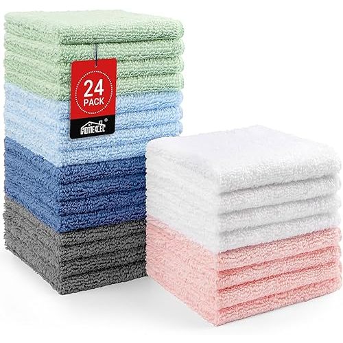 HOMEXCEL Microfiber Washcloths 24 Pack, Highly Absorbent and Soft Face Towel, Multi-Purpose Wash Cloths for Bathroom, Hotel, Spa, Gym, and Kitchen, 12x12 Inch