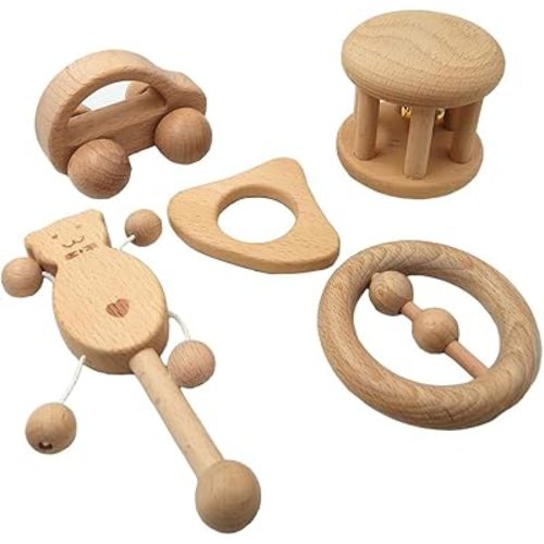 5pcs Wooden Children Toys Set Natural Beech Wood Ring Toy for Girl and Boy Organic Montessori Grasping Car Toys