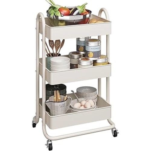 MIOCASA 3-Tier Metal Utility Rolling Cart, Heavy Duty Multifunction Cart with Lockable Casters, Easy to Assemble, Suitable for Office, Bathroom, Kitchen, Garden