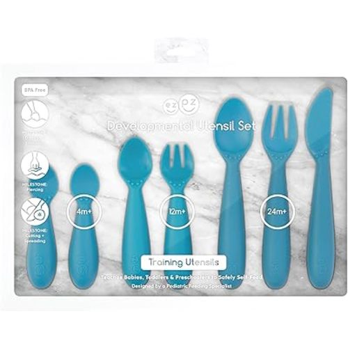 ezpz Developmental Utensil Set (Blue) - 100% BPA Free Fork, Spoon, Knife for Babies, Toddlers and Preschool - First Foods + Self-Feeding - Designed by a Pediatric Feeding Specialist