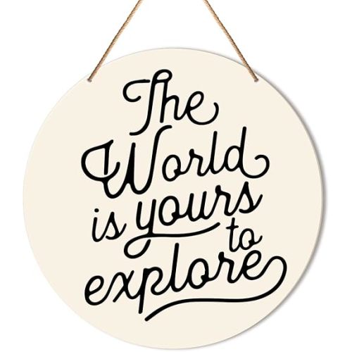 Muktoujaumai Nursery Wall Decor, Adventure Nursery Hanging Sign Decor Kids Room Wall Decoration Wood Sign for Playroom, Toddler Room, Toy Room, Classroom, The World Is Yours to Explore