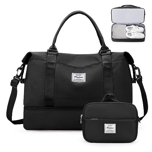 Weekender Bags for Women,Overnight Travel Duffel Bag with Shoes Compartment& Toiletry Bag,Extra Large(Black)