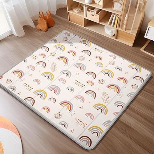 Foldable Baby Play Mat, PIGLOG 50x50 Playpen Mat, Waterproof Playmats for Babies and Toddlers Kids, Safe Foam Playmat for Tummy Time, Reversible Portable Baby Floor Mat for Infant, Colorful+Rain