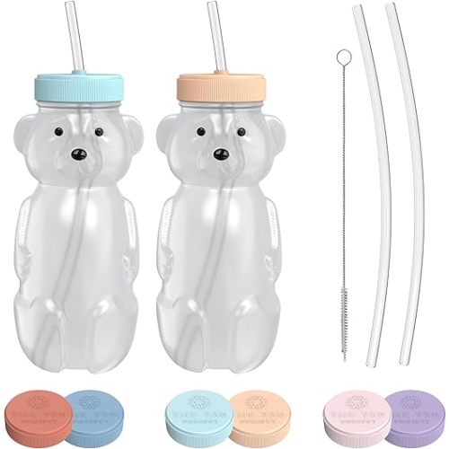 Honey Bear Straw Cup for Babies, 2-Pack Honey Bear Bottle with Travel Lid, Therapy Learning Honeybear Straw Cup, Baby Bottle Set, 8 oz, Creamsicle & Blizzard