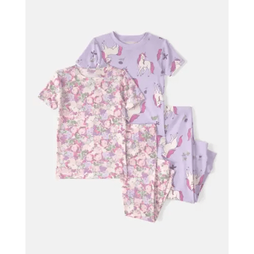 Baby Girl Unicorn Floral 100% Cotton Snug Fit 4-Piece Pajama Set - Pink/Purple | Carter's
