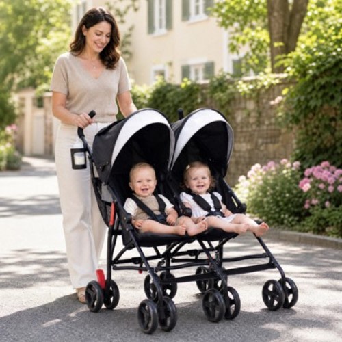 Foldable Twin Double Baby Stroller Lightweight Compact Umbrella Fold with Adjustable Backrest, Black