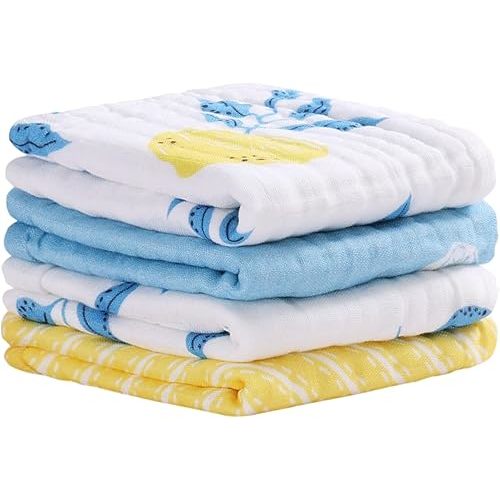 Viviland Baby Muslin Burp Cloths, Super Absorbent Washcloths for Baby Girl and Boy, 10 x 20 inches 6-Layer Baby Bath Towels, Lemon & Leaves 4 Pack