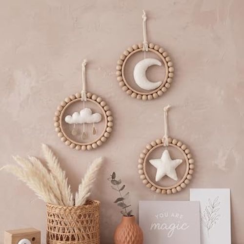 Yerliker 3 Pcs Boho Wooden Bead Hoop Wall Decor Nursery Wall Art Moon Star Cloud Felt Hanging Ornament Hanging Bohemian Nursery Decor for Baby Girls Kids Dorm Bedroom Home Farmhouse
