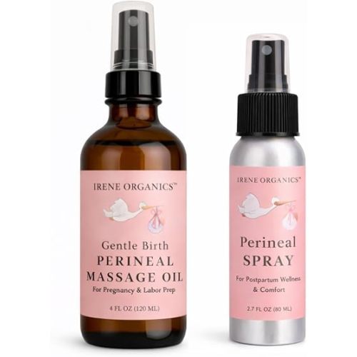 Organic Perineal Massage Oil Spray by Irene Organics for Pregnancy and Postpartum - Prevention for Perineum Tearing, All Natural, Third Trimester Pregnancy Must Haves for Childbirth (Perineal Bundle)
