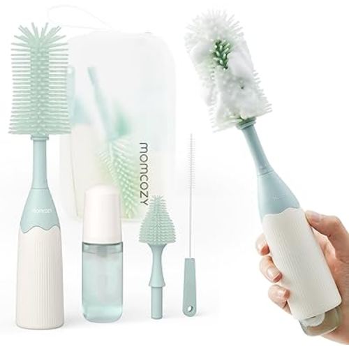 Momcozy Bottle Brush Kit, Innovative Push-Press Design for Better Cleaning - Baby Bottle Cleaner Brush for Baby Bottle, Breast Pumps, Nipples, and More - Can Generate Foam for Better Cleaning, Green