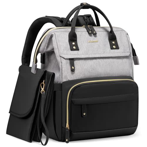 LOVEVOOK Diaper Bag Backpack, Baby Bag with Changing Station, Large Diaper Backpack for Mom Dads, Waterproof Leather Mommy Bag for Boy and Girl, Travel Essential Baby Shower, Black-Grey