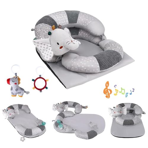 3-in-1 Tummy Time Pillow and Seated Support Playmat with Detachable Early Sensory Toys for Infant, Sitting Support to Prevent Reflux, Portable Gifts for Newborn Boys and Girls (Gray)