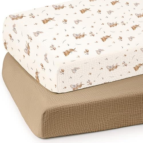lulumoon Baby Muslin Crib Sheets: Soft & Breathable Fitted Crib Sheets for Boys and Girls - Khaki Bunny Sheets for Standard Crib 2Pack