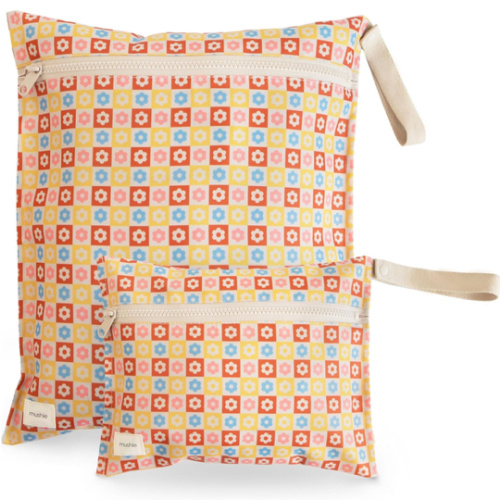 mushie Water Resistant Wet Bags | Large & Small Reusable Storage Bag for Baby Items and Travel | Zippered Pockets with Handle | Machine Washable, Set of 2 (Happy Flowers Check)