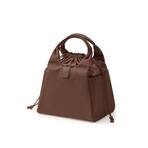 EACHY Drawstring Lunch Bag for Women Insulated Cute Bucket Lunch Box Tote Reusable Work Lunch Pail with 2 Side Pockets Thermal Cooler Handbag for Office Commute Gym（Brown）