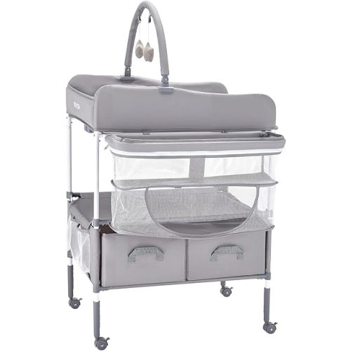VEVOR Baby Changing Table, Foldable Diaper Change Station with 2 Fabric Drawers, Side Basket and Hanging Rod, Adjustable Height Changing Table with Lockable Wheels and 2 Star Toys, Light Gray