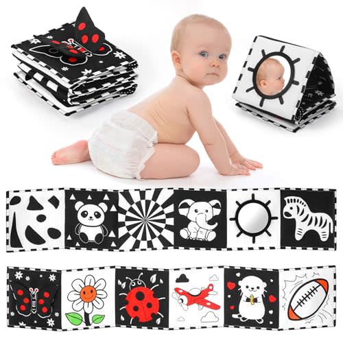 High Contrast Baby Book with Tummy Time Mirror & Contrast Cards | Black and White Visual Stimulation for Newborns 0-6 Months & Infants | Interactive Learning Gift, Baby Shower Essential