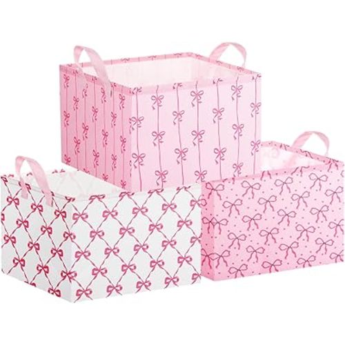 Geelin 3 Pcs Pink Bow Storage Basket for Gifts,Pink Storage Bins with Handle Bow Organizer Waterproof Collapsible Canvas Preppy Girly Coquette Box Container for Book Closet Shelf Closet Nursery Decor