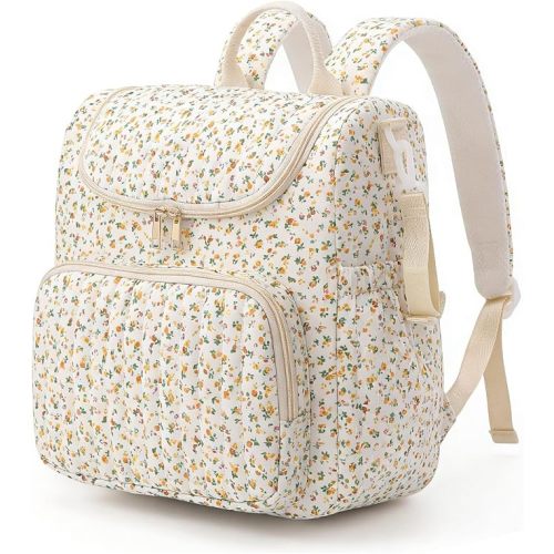 Lushandy Quilted Diaper Bag Backpack, Compact Floral Diaper Backpack Purse with Stroller Straps Baby Travel Hospital Bag