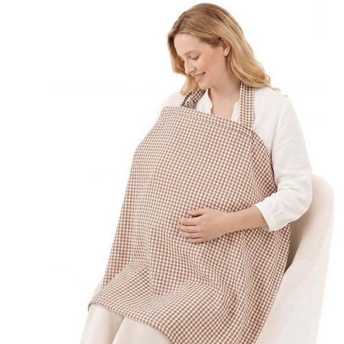 Blissful Diary Muslin Nursing Cover for Breastfeeding, Breathable Breastfeeding Cover up with Arch Neckline for Women, Nursing Apron (Brown Gingham)