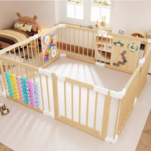 Baby Playpen - Adjustable Multi-Shape Wooden Play Yard, Portable Collapsible Activity Center with Baby Fence Play Area & Toys for Infants, Toddlers (56x56x24inch