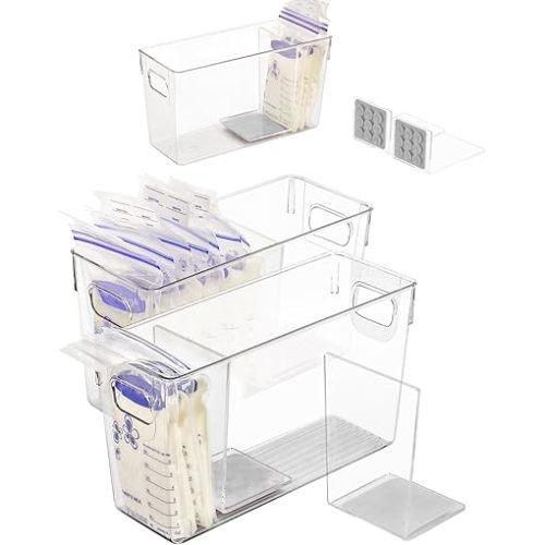 Breastmilk Storage Container with L Shaped Dividers to Flatten Standing Breast Milk Bags in Organizer Bins Save Refrigerator Space | 2 Containers with Removable Separator Boards - Pink