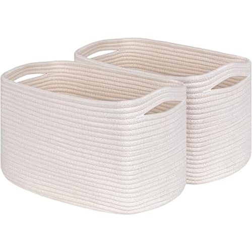 Off White Storage Cubes Baskets Bins for Shelves - Set of 2 Rectangular Closet Organizers, Woven Rope Baskets for Baby Nursery