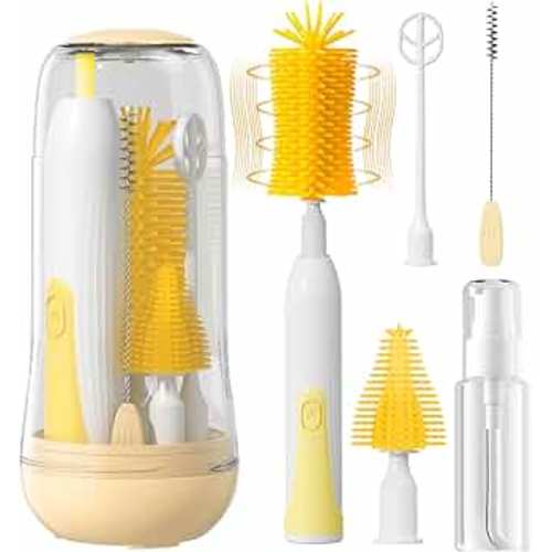 Electric Bottle Brush Cleaner for Travel, Rechargable Electric Baby Bottle Brush Cleaner with Nipple & Straw Brush, Waterproof Electric Bottle Brush Set with Drying Rack for Mom After Birth