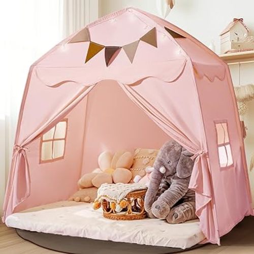 Extra Large Toddler Bed Tent & Kids Play Tent Bed Tent with Flags & Star Lights, Portable & Foldable Teepee, Indoor Outdoor Dome Tent Playhouse, 59x39x59 in,Pink