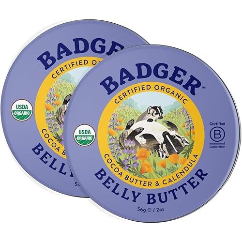 Badger Belly Butter, Organic Stretch Mark Cream for Pregnant Belly, Rich Hypoallergenic Moisturizing Organic Cocoa Butter & Coconut Body Butter for Women, 2 oz Tin, 2-Pack