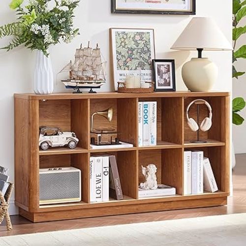 8 Cube Storage Book Shelf, 52" Long Horizontal Bookshelf with Curved Edge, Floor Standing Wooden Cubby Bookcase with Base, Modern Low Console Book Case, TV Stand for Living Room, Orange Oak