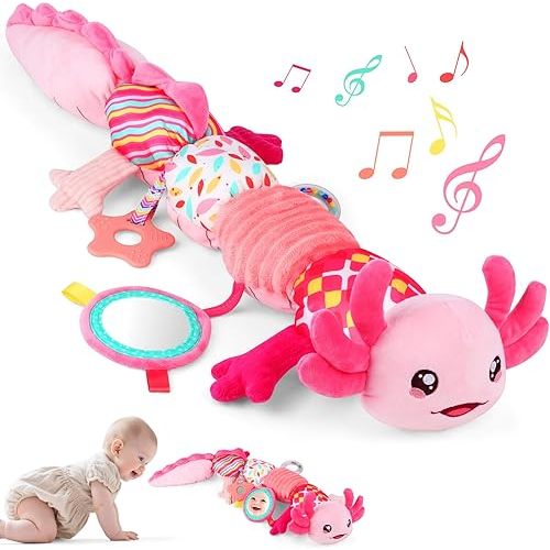 Baby Girls Toys 0-6 Months,Infant Sensory Caterpillar Pink Axolotl Baby Musical Rattles Tummy Time Toys for 0 3 6 9 12 Months Stuffed Plush with Crinkle, Mirror,Teether for Newborn Shower Gifts