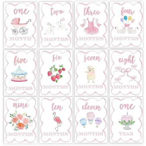 Watercolor Monthly Milestone Cards - Baby Milestone Cards Set, Monthly Markers for for Newborn to 12 Months, Photo Prop, Baby Shower (Pink)