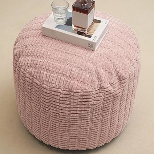 Round Stuffed Pouf Ottoman for Foot Rest 20" X 15" Faux Fur Poufs, Pink