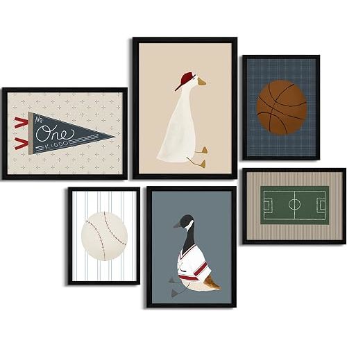 Sports Nursery Wall Art Decor Vintage Boys Room Canvas Pictures Baseball Sport Wall Decor Toddler Boys Basketball Poster Nursery Goose Prints Artwork for Kids Bedroom 12x16 Inch Wood Framed Set of 6
