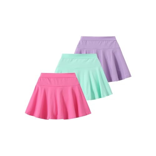 Fdqin 2 Pack Girls Skirts Elastic Flared Plain Tennis Skater Skirts with Built-in Shorts Kids Active Flowy Skorts