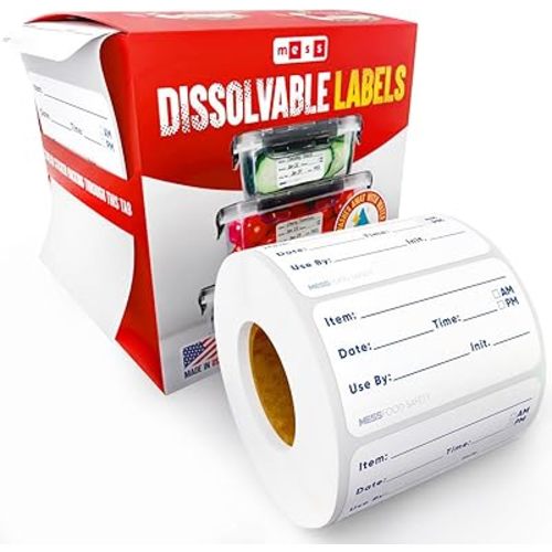 MESS Dissolvable Food Labels, 1x2, 200/Roll - Dissolves in 30 Seconds or Less - Removable Pantry, Meal Prep & Food Storage Labels – Canning & Freezer Use