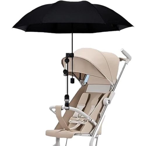 Stroller Umbrella With Adjustable Universal Clamp,Clip On Umbrella With Clip On UPF 50+ Great for Pushchair,Strollers，Beach Chair（Black）